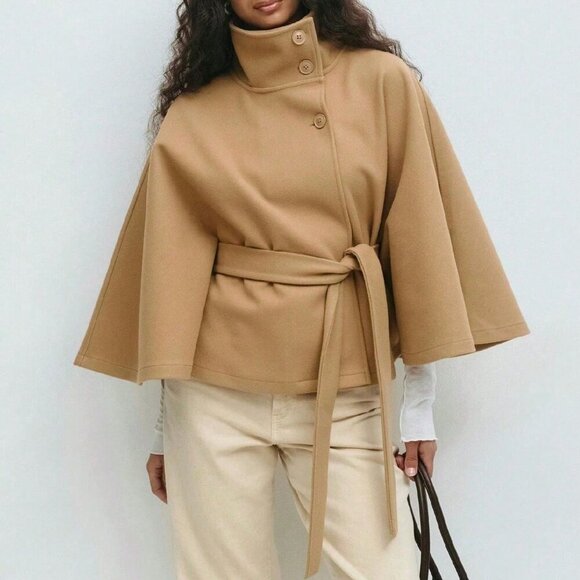 Khaki Elegant Women's Cloak Collar Button Coat With Belt - Picture 2 of 3
